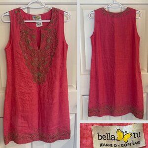 New! Bella Tu Arlette Pink Linen Beaded Sleeveless Mini Dress 31754